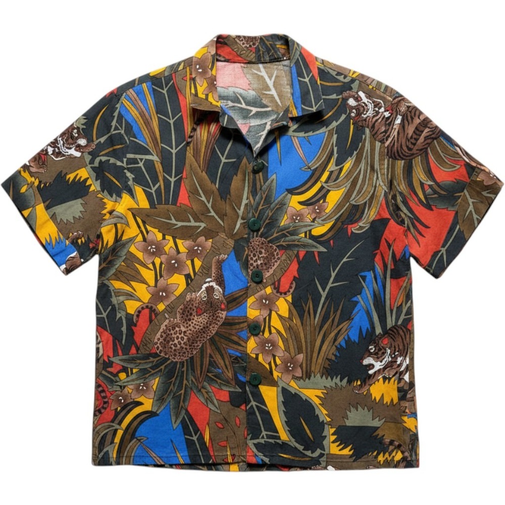 Jungle Print Button Up Shirt Mens S Multi Color Tiger Leopard Tropical Safari